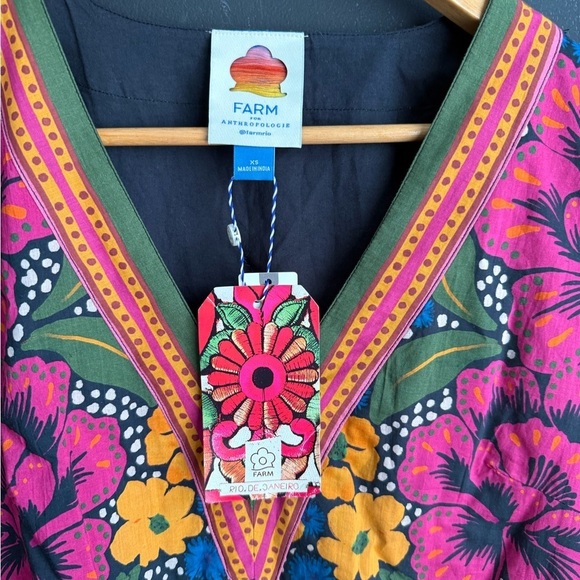 NWT FARM Rio Embellished Pink and Blue Bishop Sleeve Sundress 100% Cotton XS - Picture 5 of 16